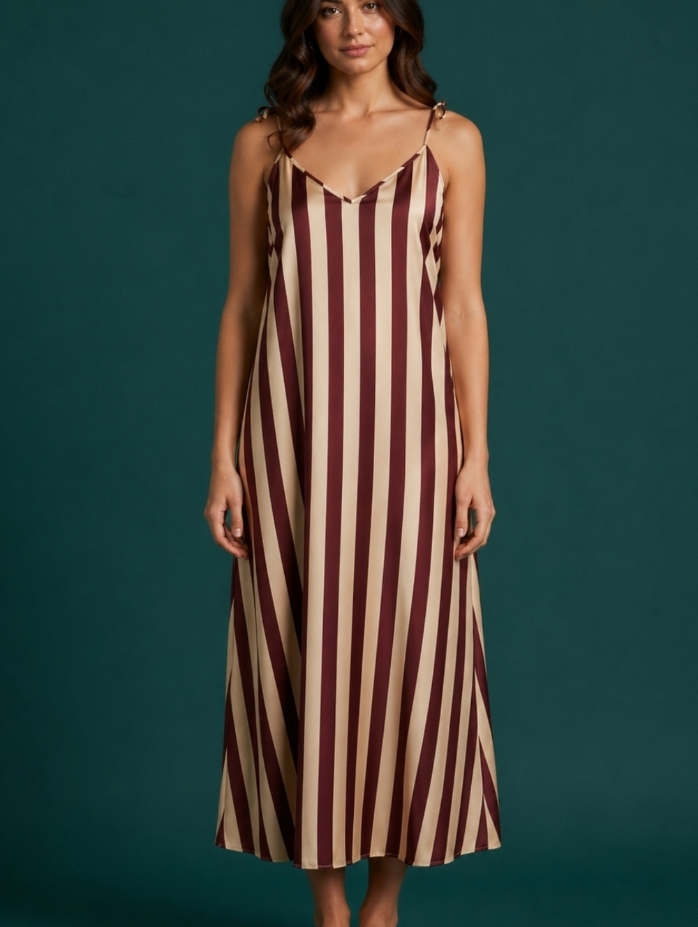 AFTER MARKET Maroon & Tan Striped Spaghetti Strap Tie Back Slip Dress